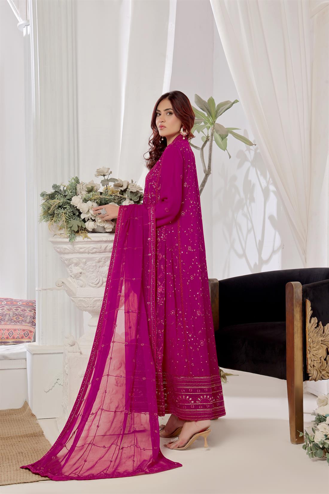 Magenta Raw Silk Ladies Chiffon Embroidered Chikan Kaari Long Dress