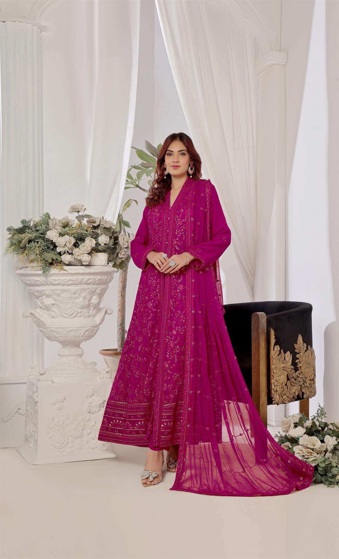 Magenta Raw Silk Ladies Chiffon Embroidered Chikan Kaari Long Dress