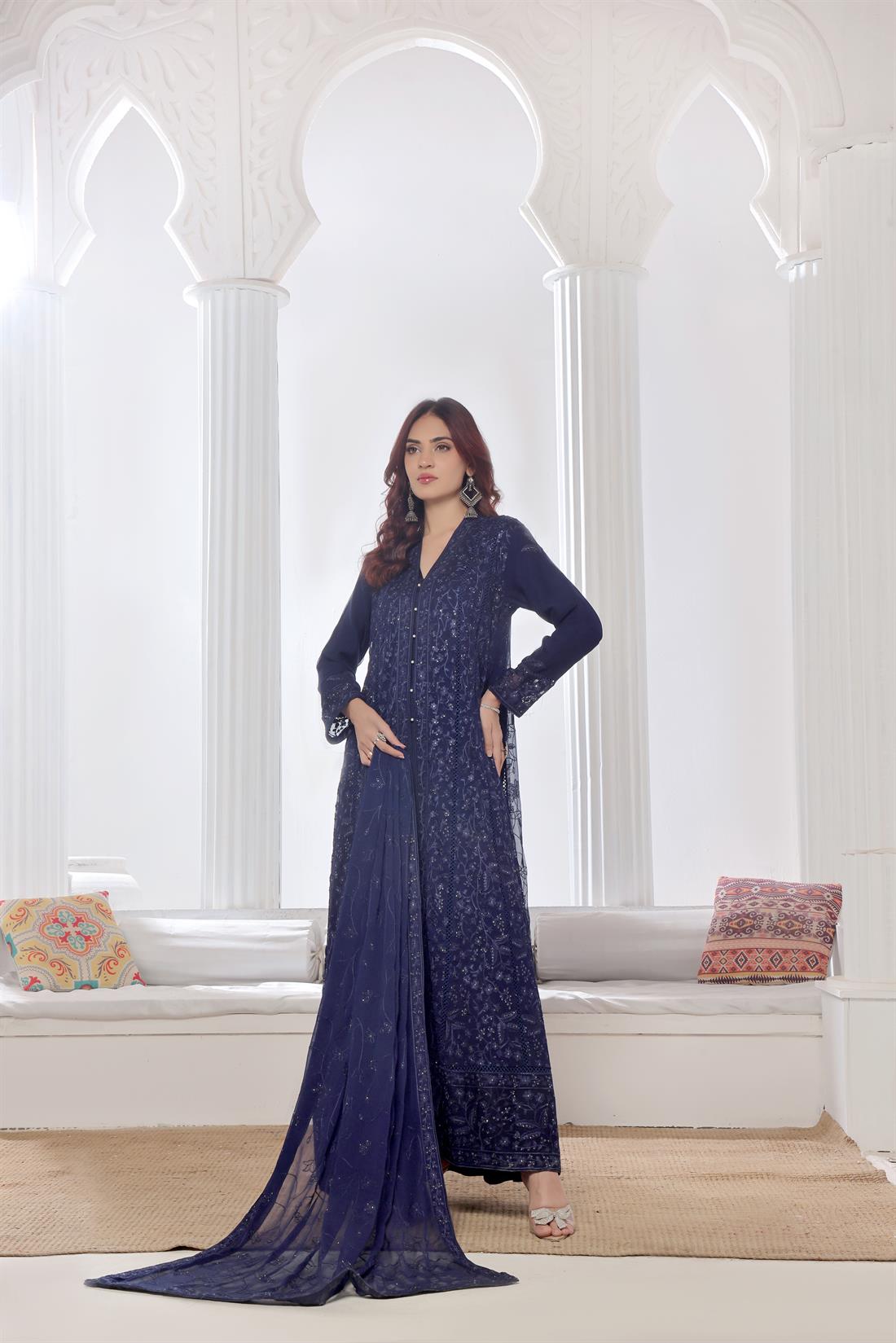Navy Blue Raw Silk Ladies Chiffon Embroidered Chikan Kaari Long Dress
