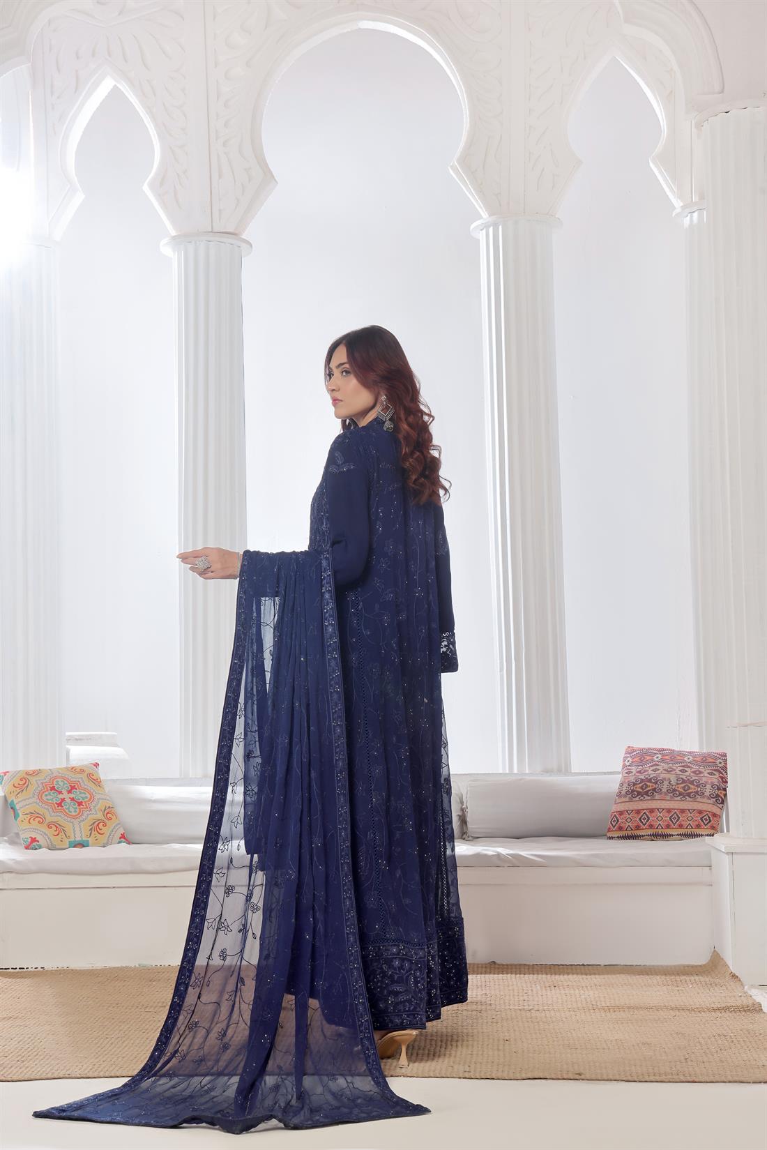Navy Blue Raw Silk Ladies Chiffon Embroidered Chikan Kaari Long Dress