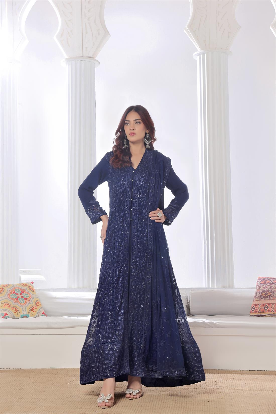 Navy Blue Raw Silk Ladies Chiffon Embroidered Chikan Kaari Long Dress