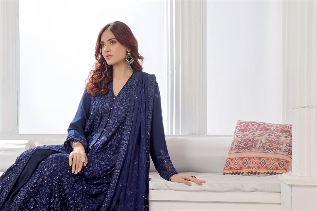 Navy Blue Raw Silk Ladies Chiffon Embroidered Chikan Kaari Long Dress