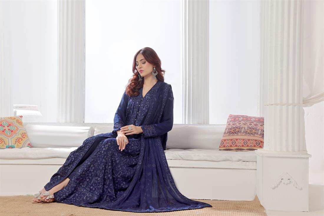 Navy Blue Raw Silk Ladies Chiffon Embroidered Chikan Kaari Long Dress
