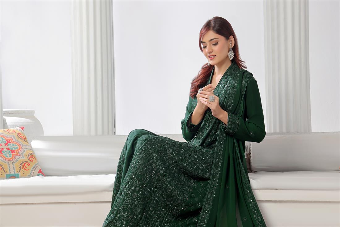 Bottle Green Raw Silk Ladies Chiffon Embroidered Chikan Kaari Long Dresss