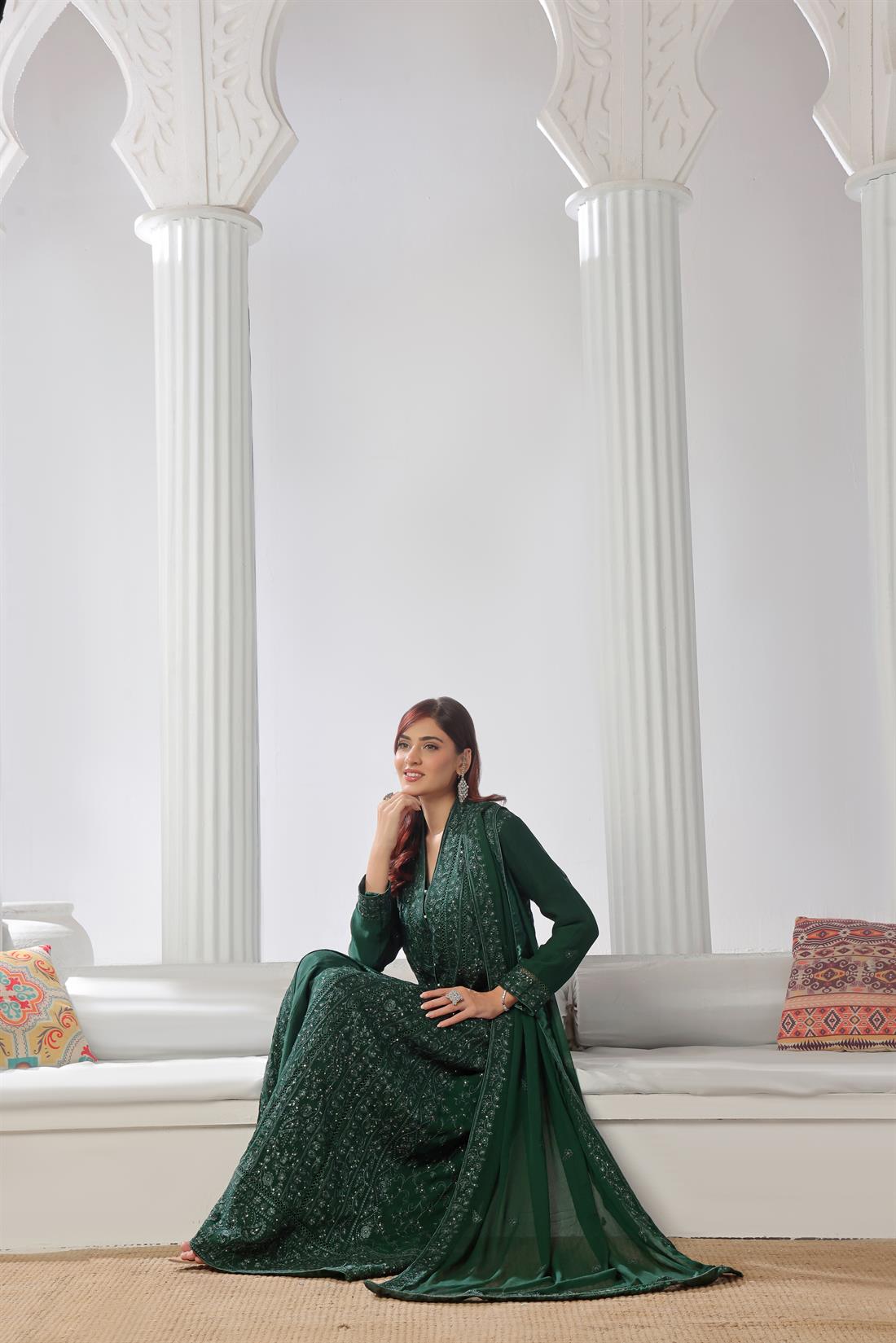 Bottle Green Raw Silk Ladies Chiffon Embroidered Chikan Kaari Long Dresss