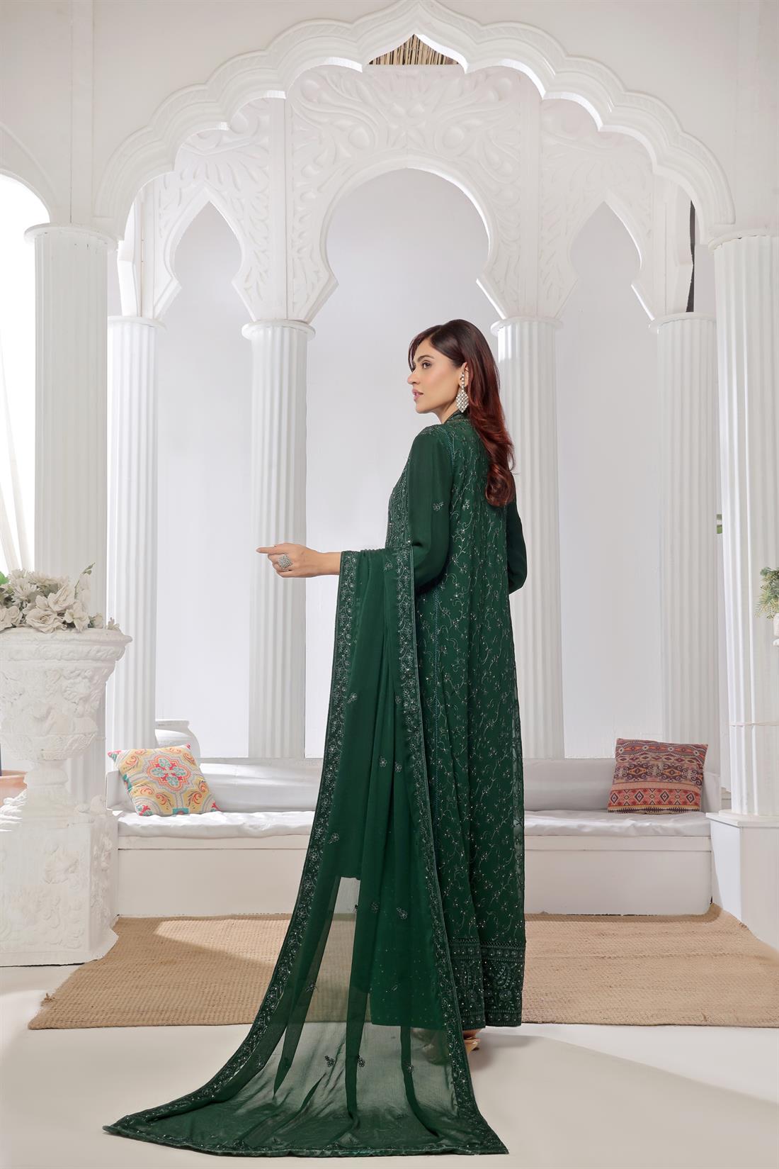 Bottle Green Raw Silk Ladies Chiffon Embroidered Chikan Kaari Long Dresss