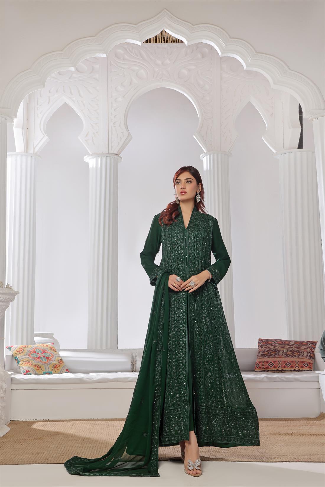 Bottle Green Raw Silk Ladies Chiffon Embroidered Chikan Kaari Long Dresss