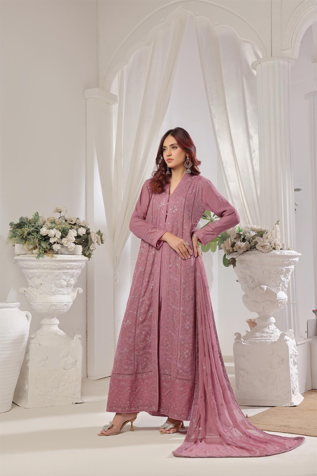 Mauve Pink Raw Silk Ladies Chiffon Embroidered Chikan Kaari Long Dress