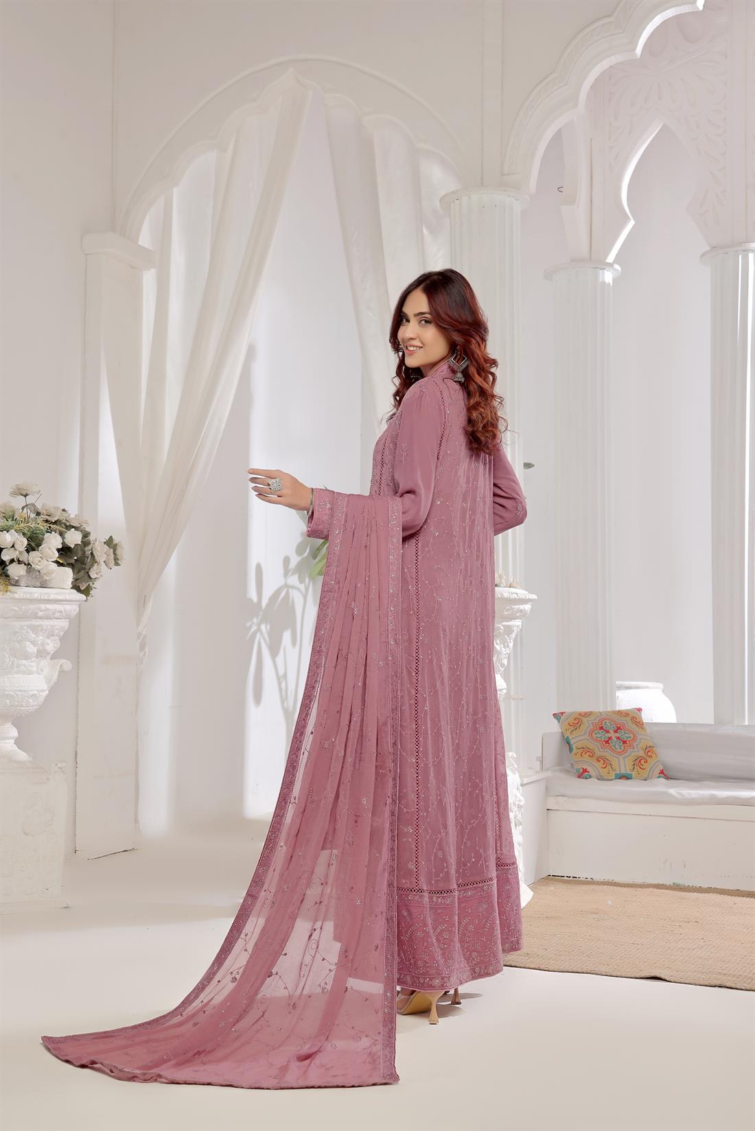 Mauve Pink Raw Silk Ladies Chiffon Embroidered Chikan Kaari Long Dress