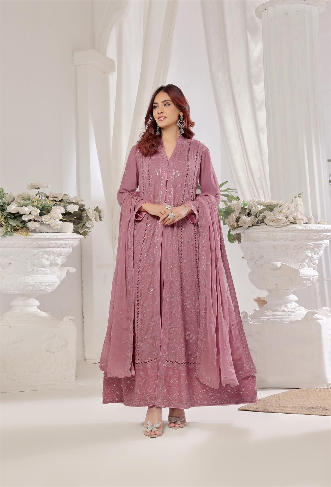 Mauve Pink Raw Silk Ladies Chiffon Embroidered Chikan Kaari Long Dress