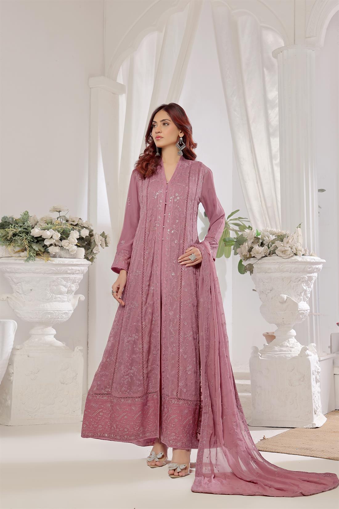 Mauve Pink Raw Silk Ladies Chiffon Embroidered Chikan Kaari Long Dress