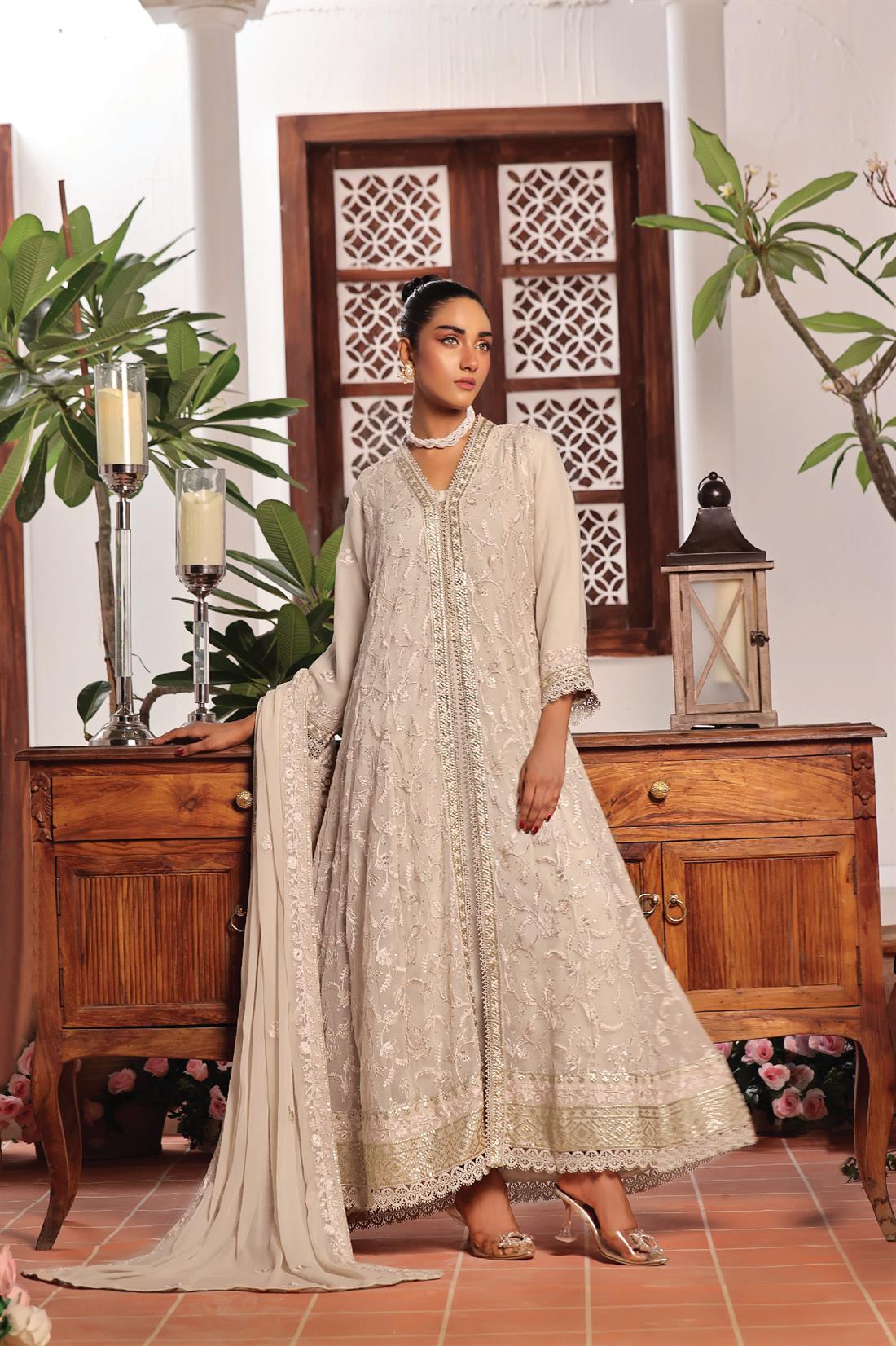 Beige Raw Silk Ladies Chiffon Embroidered Long Dress