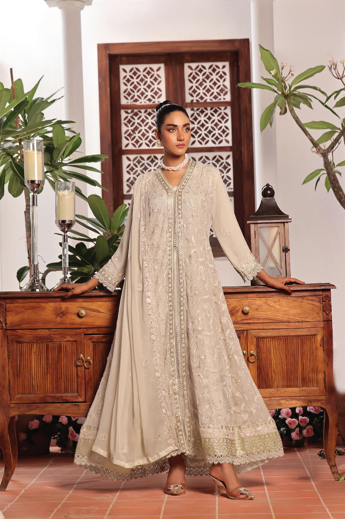 Beige Raw Silk Ladies Chiffon Embroidered Long Dress