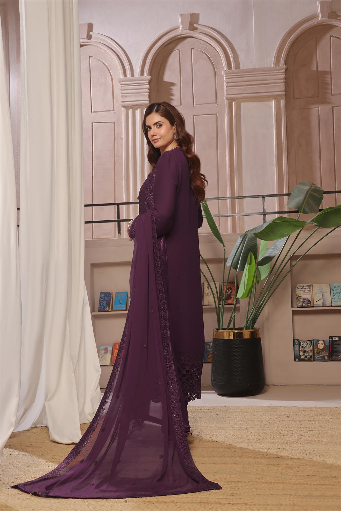 Plum Sequinned Raw Silk Ladies Chiffon Pret
