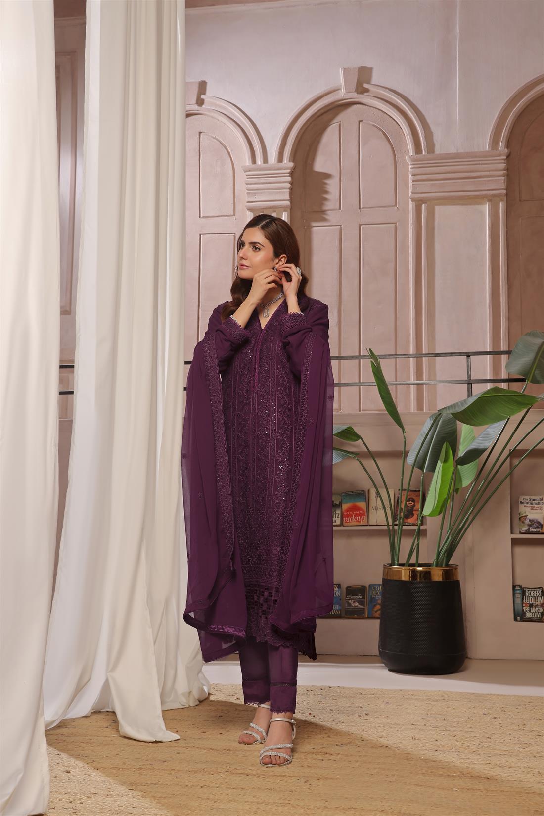 Plum Sequinned Raw Silk Ladies Chiffon Pret
