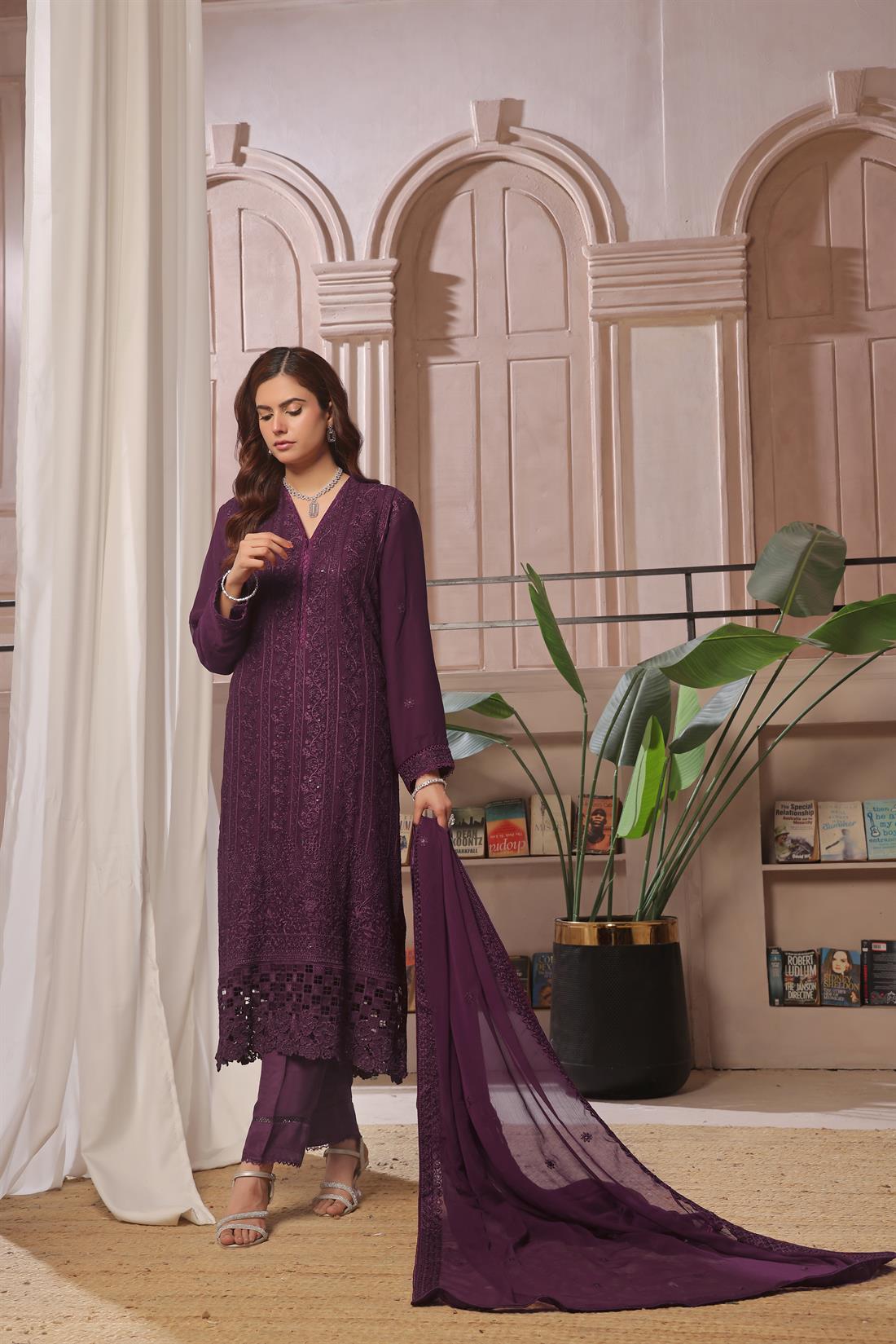 Plum Sequinned Raw Silk Ladies Chiffon Pret