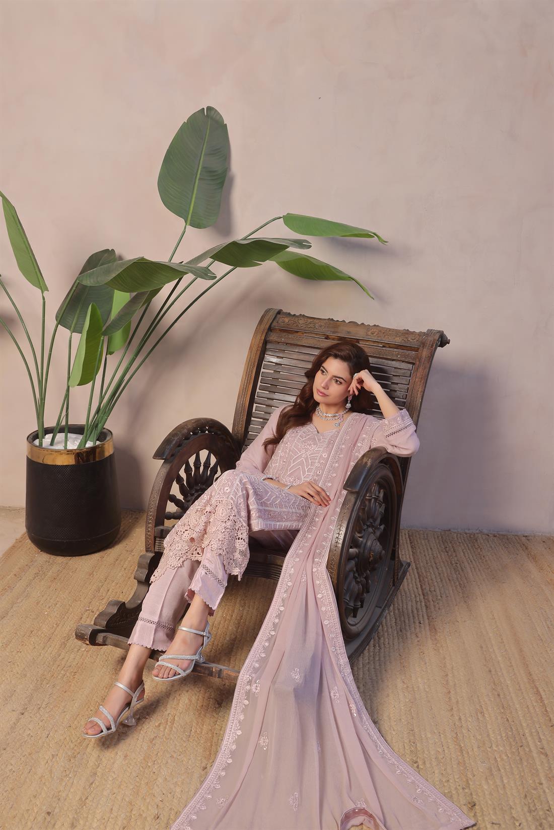 Lilac Sequinned Raw Silk Ladies Chiffon Pret