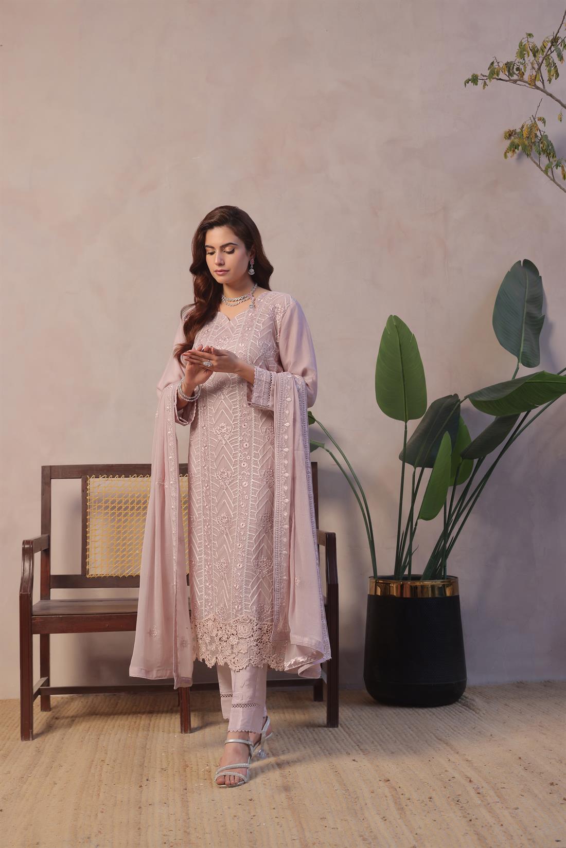 Lilac Sequinned Raw Silk Ladies Chiffon Pret