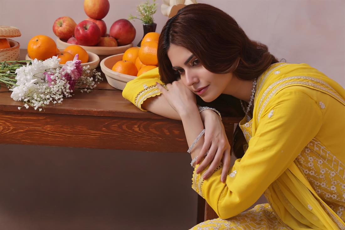 Yellow Sequinned Raw Silk Ladies Chiffon Pret