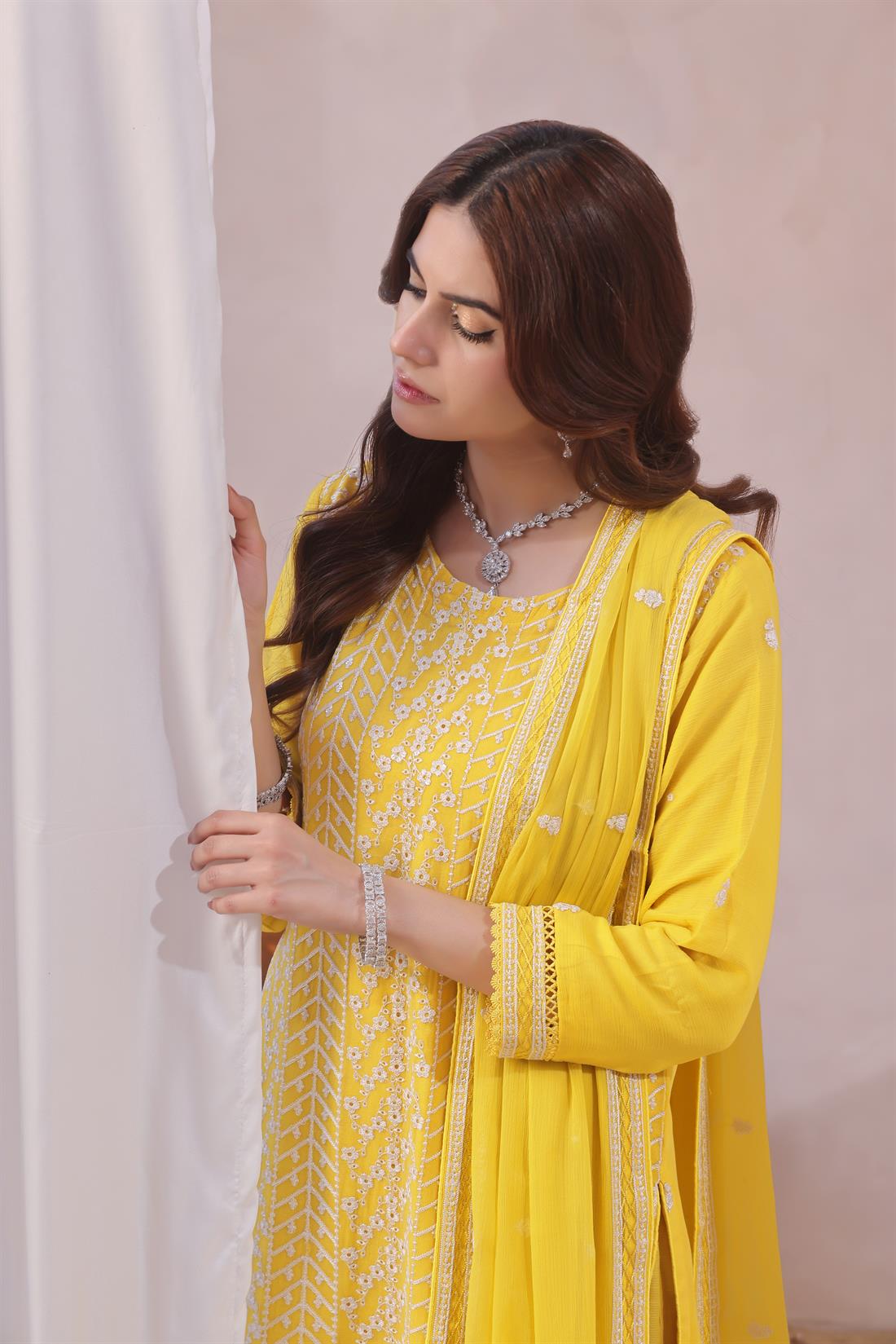 Yellow Sequinned Raw Silk Ladies Chiffon Pret