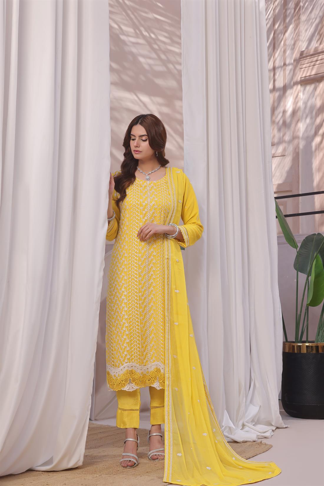 Yellow Sequinned Raw Silk Ladies Chiffon Pret