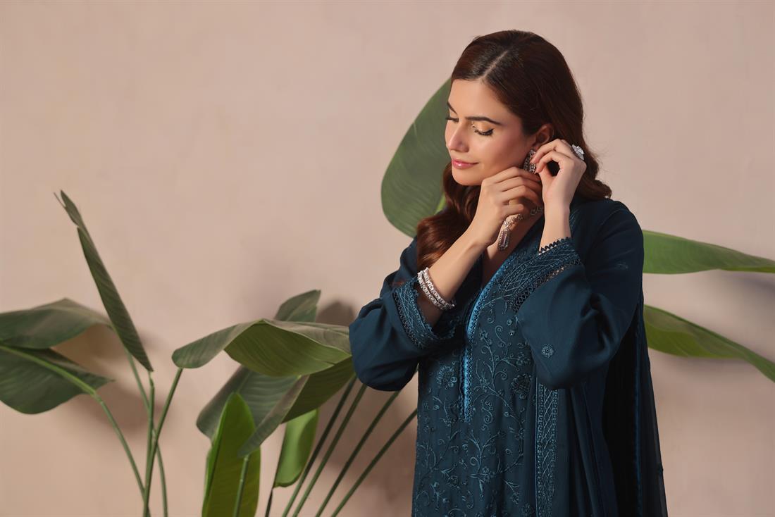 Teal Sequinned Raw Silk Ladies Chiffon Pret