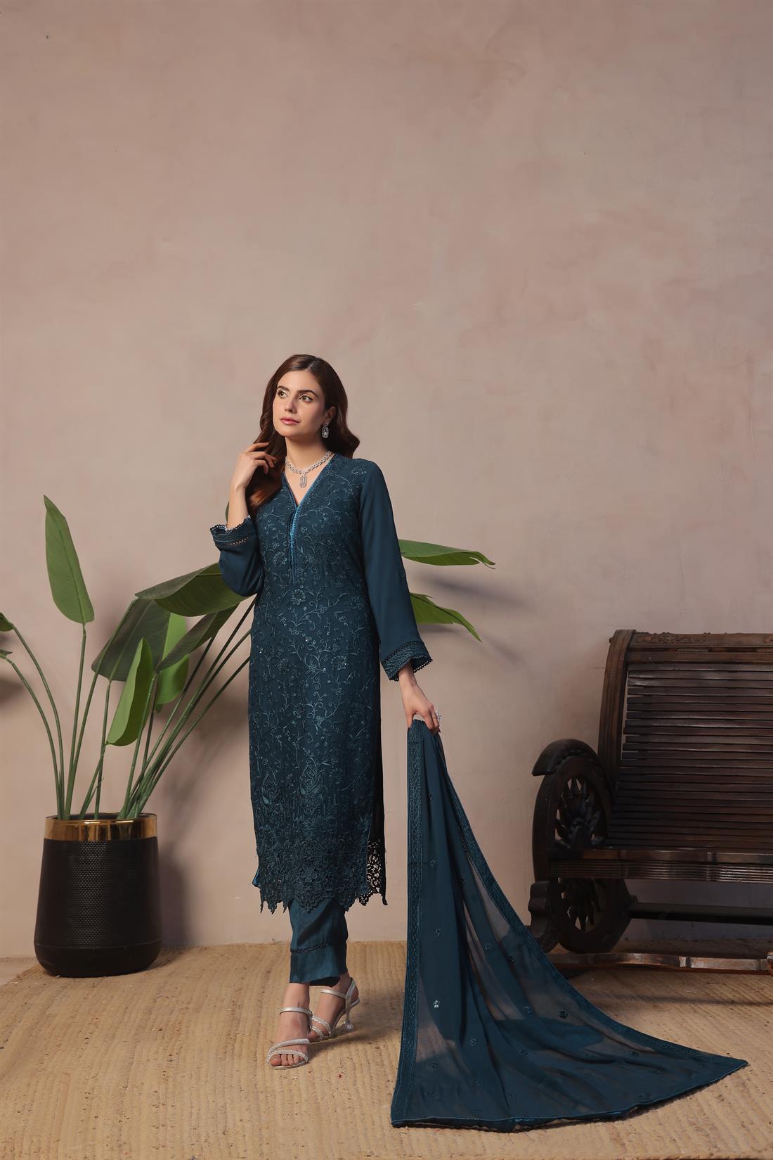 Teal Sequinned Raw Silk Ladies Chiffon Pret
