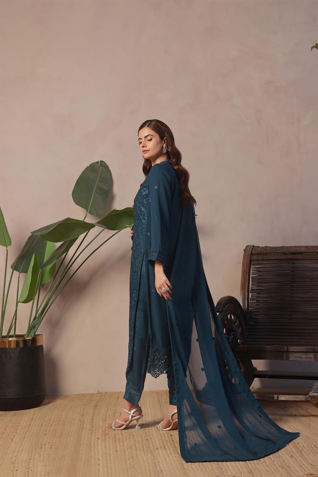 Teal Sequinned Raw Silk Ladies Chiffon Pret