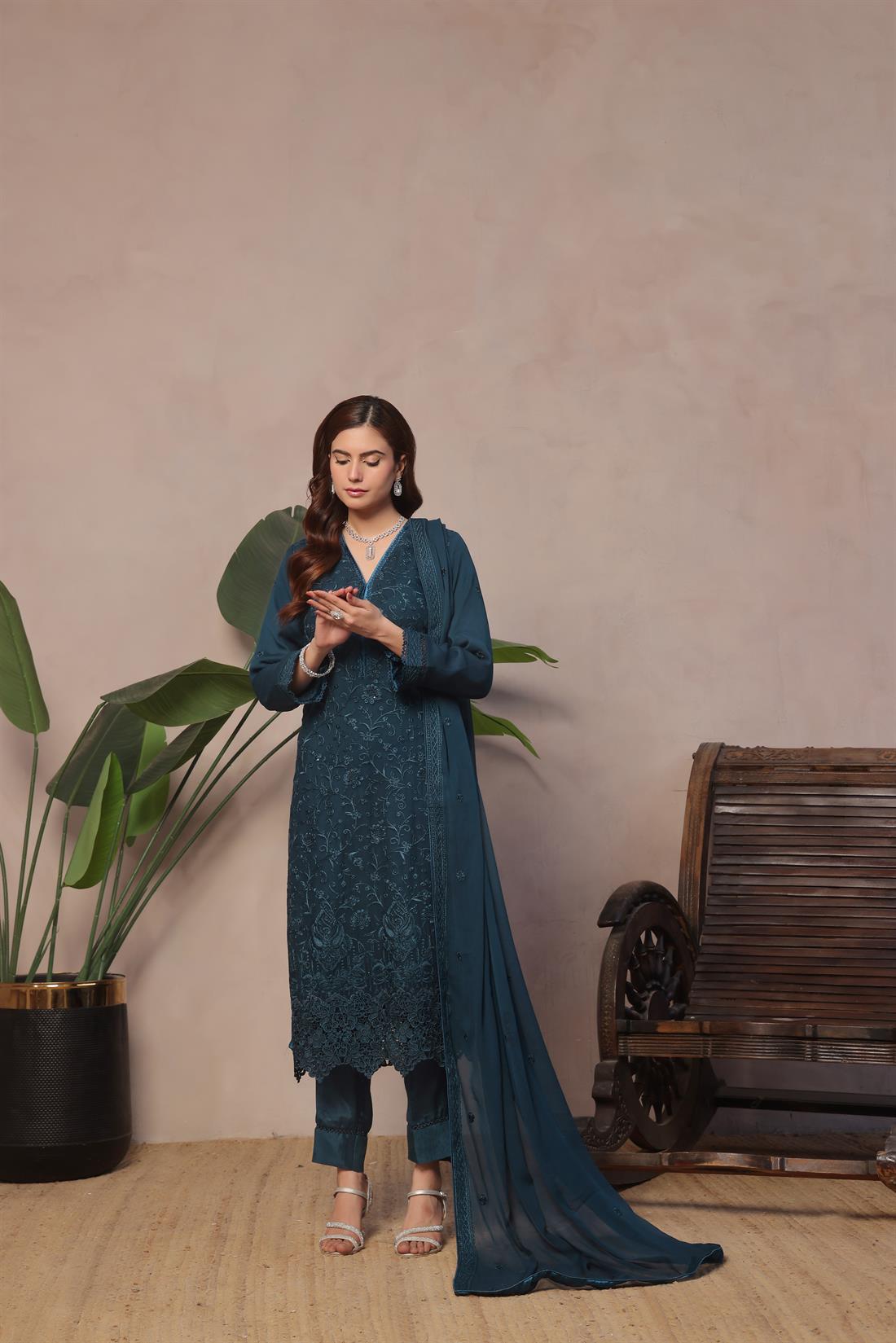 Teal Sequinned Raw Silk Ladies Chiffon Pret