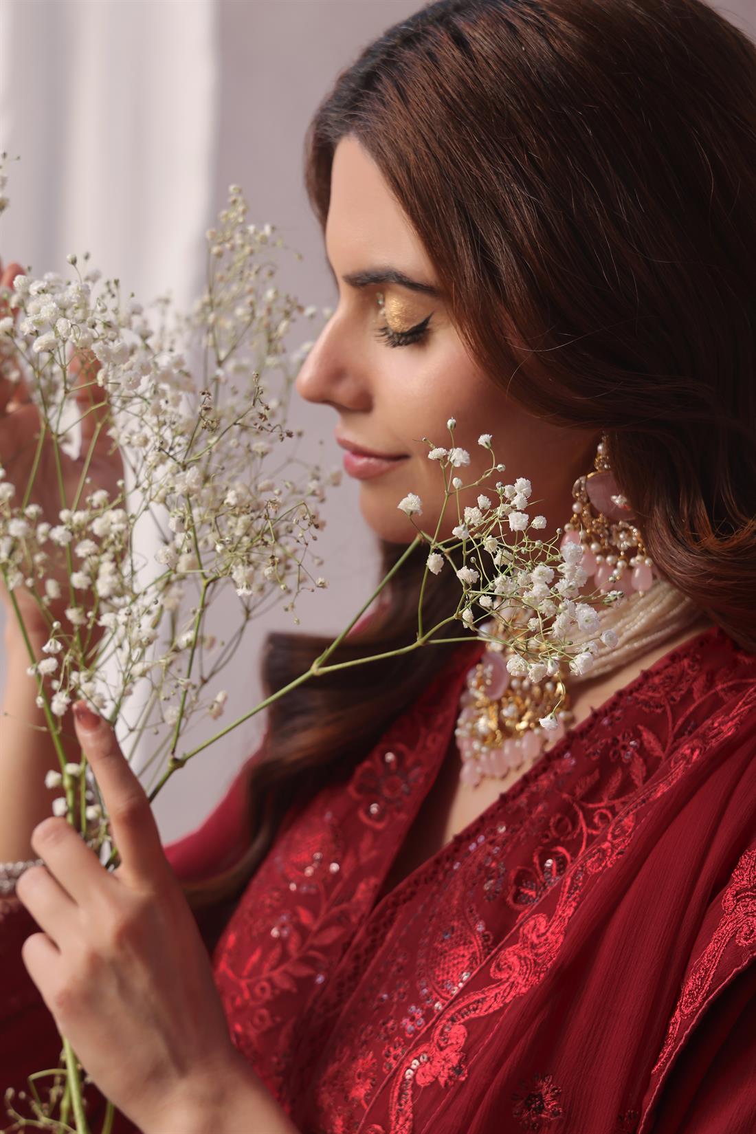 Maroon Sequinned Raw Silk Ladies Chiffon Pret