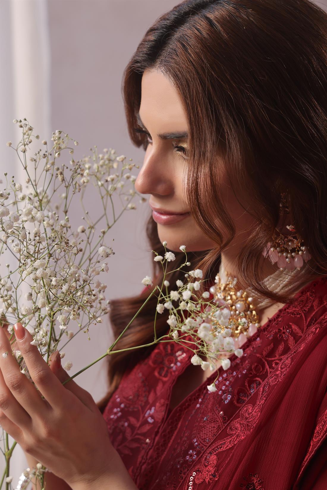 Maroon Sequinned Raw Silk Ladies Chiffon Pret