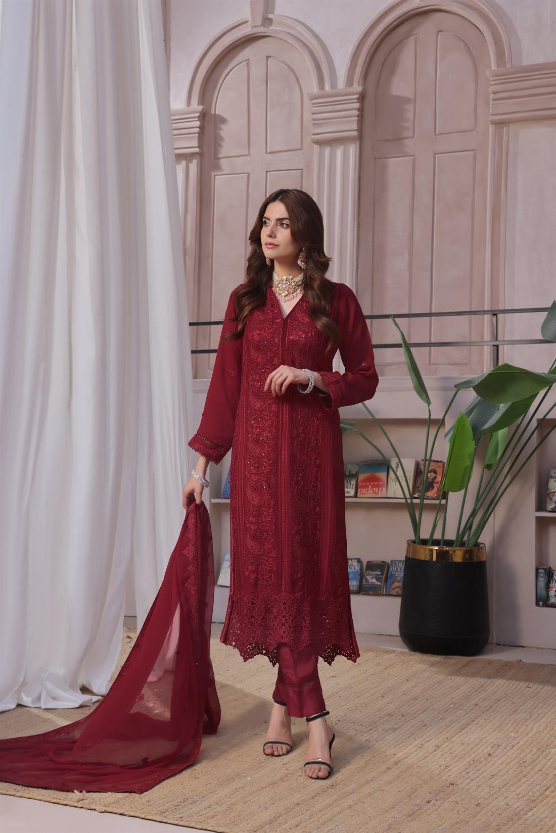 Maroon Sequinned Raw Silk Ladies Chiffon Pret