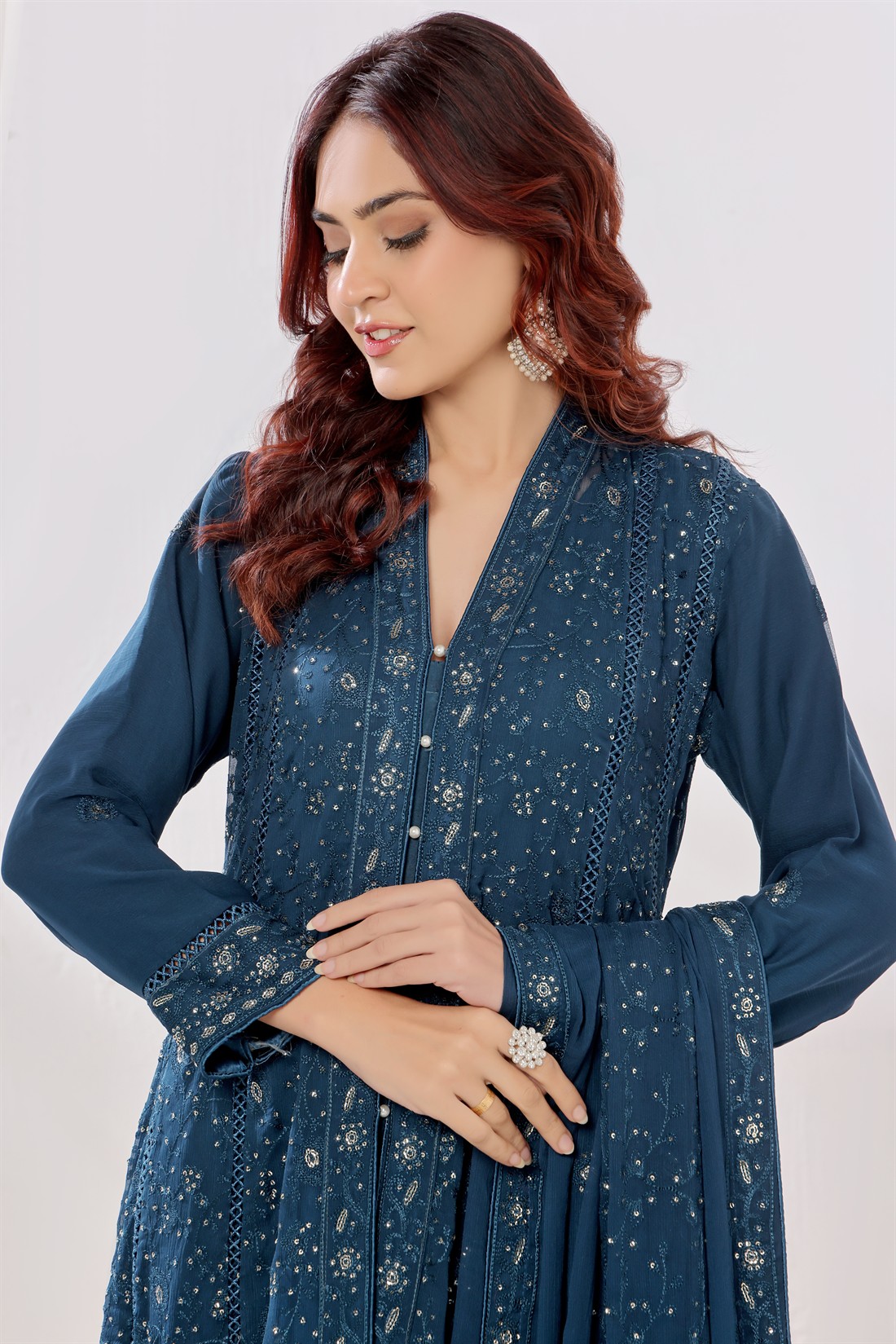 Teal Blue Raw Silk Ladies Chiffon Embroidered Long Dress
