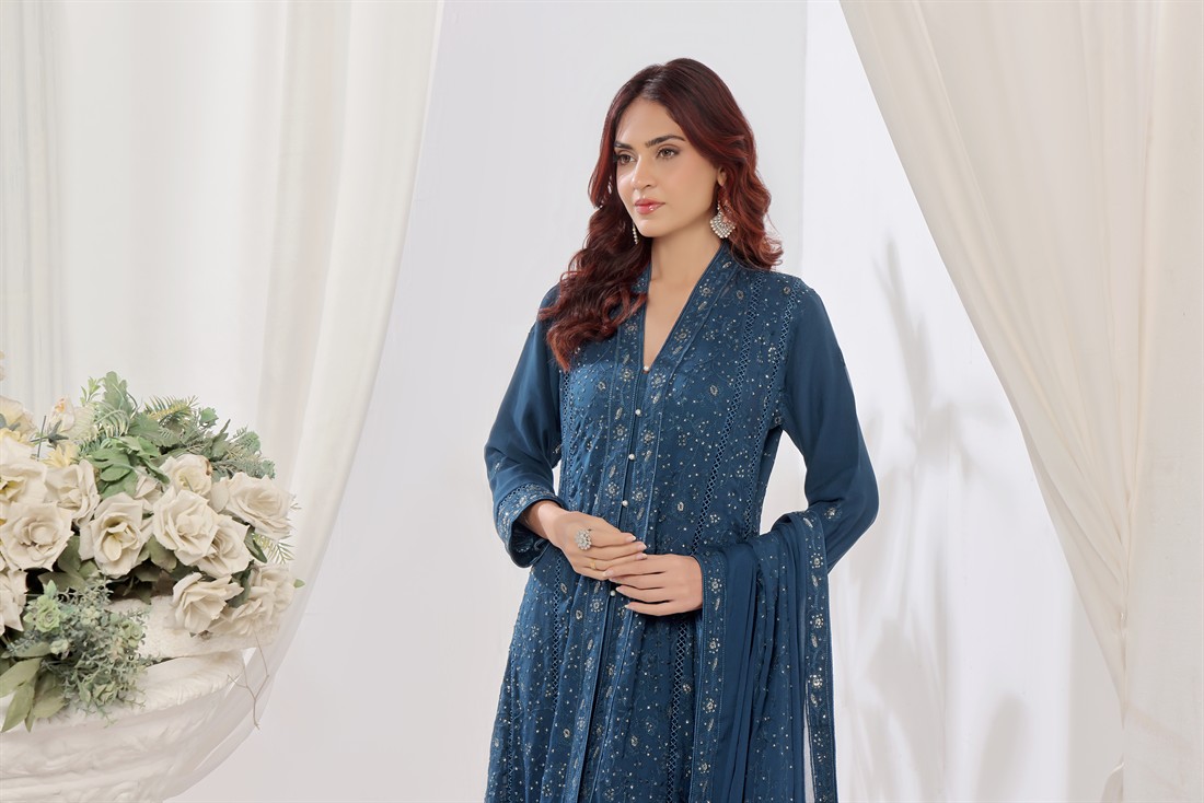 Teal Blue Raw Silk Ladies Chiffon Embroidered Long Dress