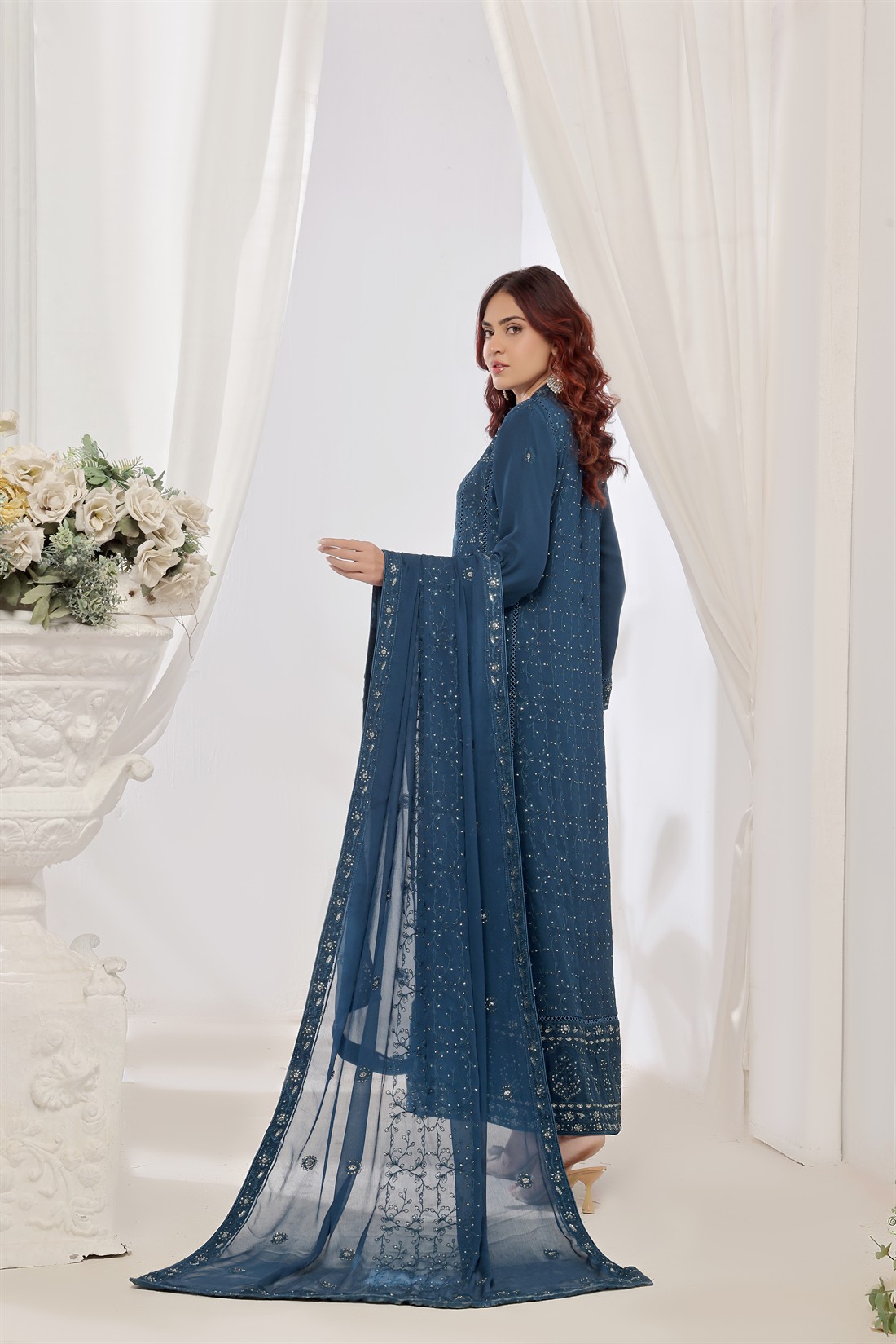 Teal Blue Raw Silk Ladies Chiffon Embroidered Long Dress