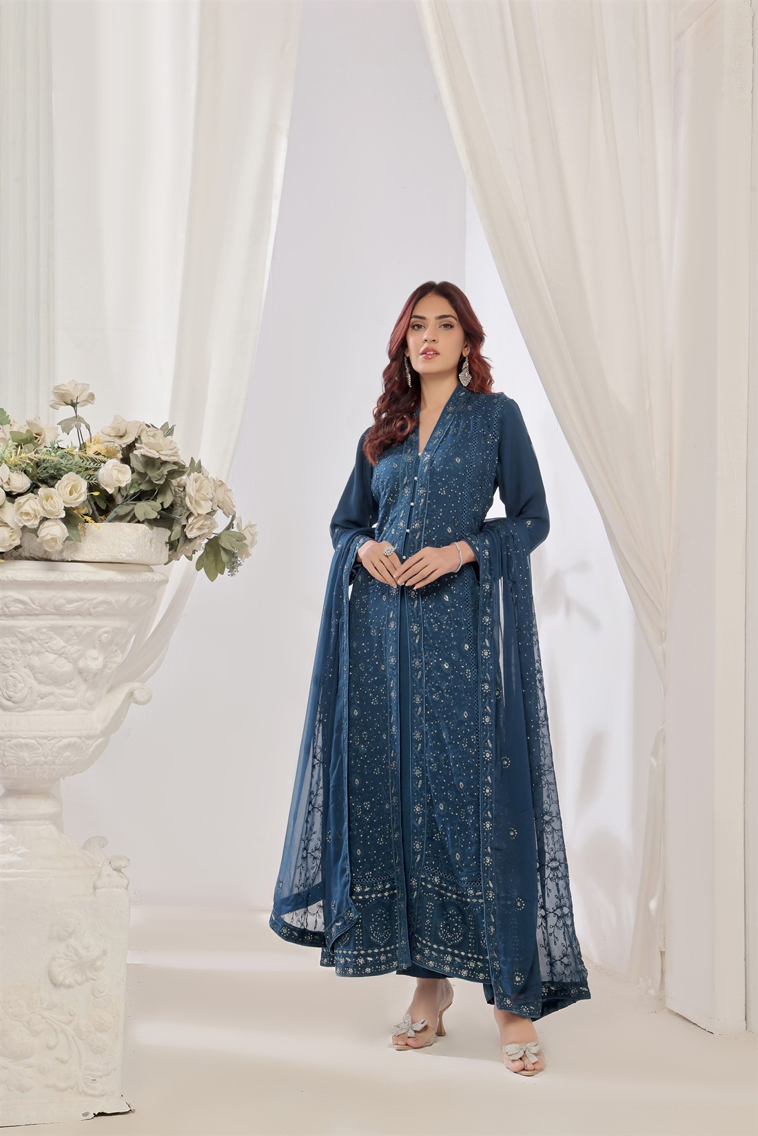 Teal Blue Raw Silk Ladies Chiffon Embroidered Long Dress