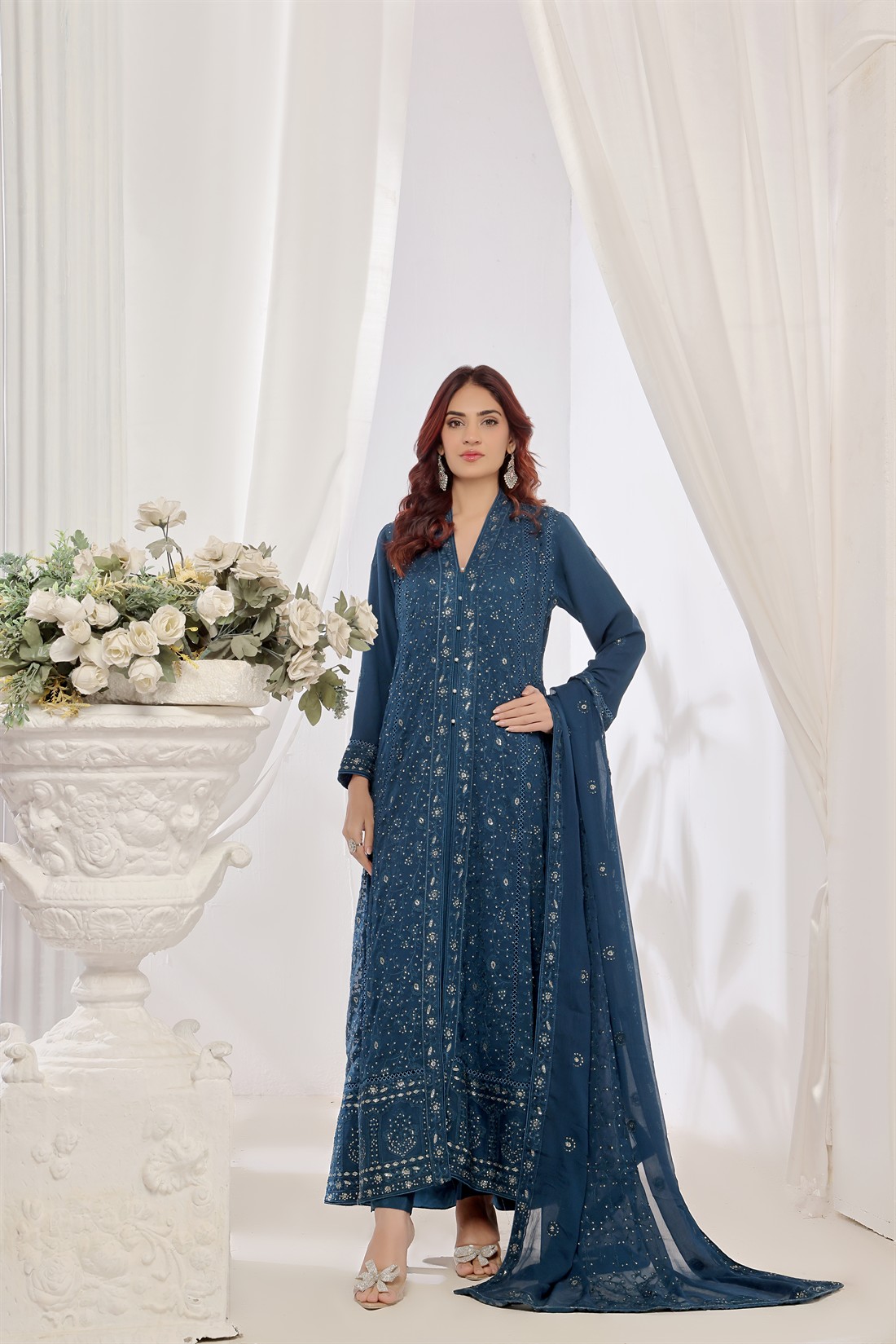 Teal Blue Raw Silk Ladies Chiffon Embroidered Long Dress