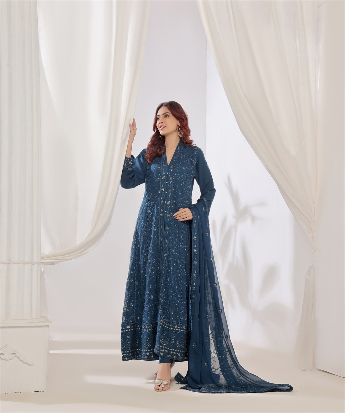 Teal Blue Raw Silk Ladies Chiffon Embroidered Long Dress