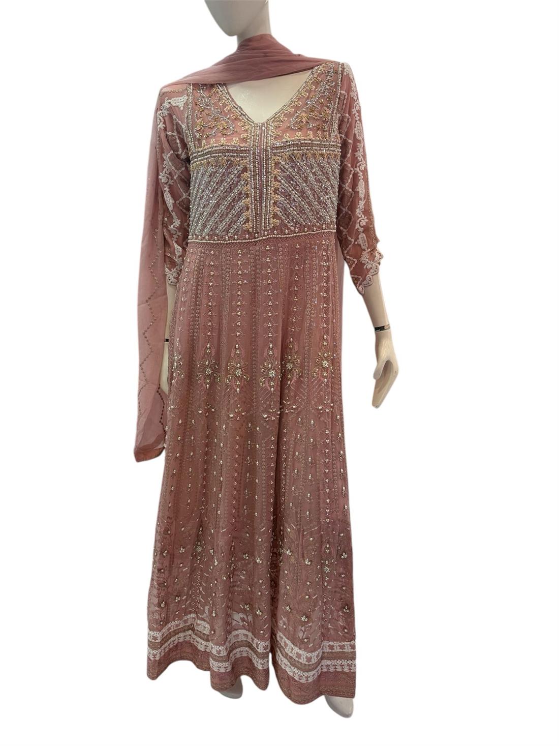 Pink Raw Silk Ladies Chiffon Heavy Embroidered Long Dress