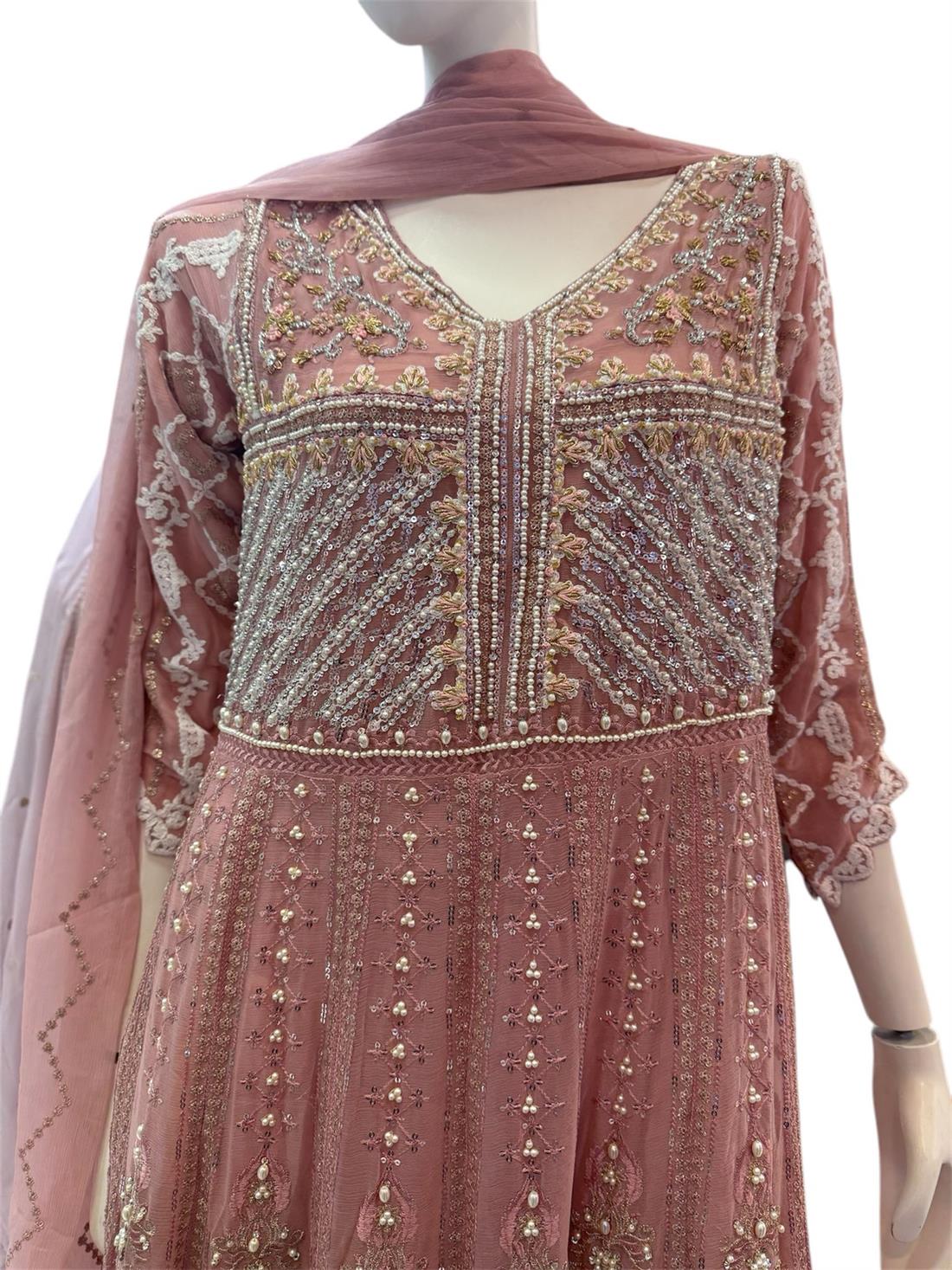Pink Raw Silk Ladies Chiffon Heavy Embroidered Long Dress