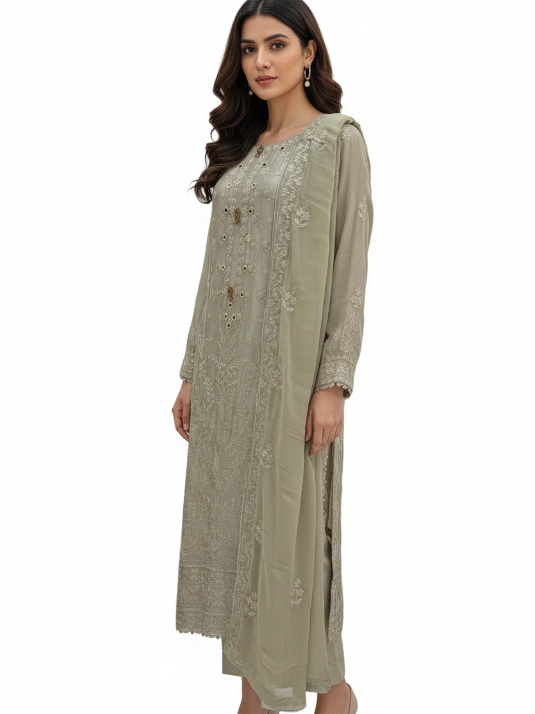Beige Sequinned Chiffon Ladies Silk Pret