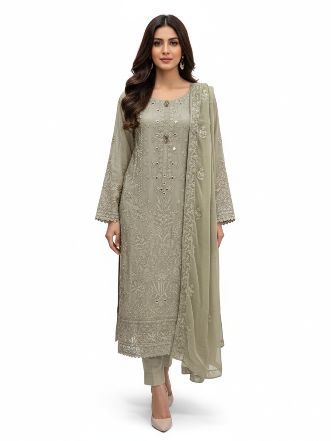 Beige Sequinned Chiffon Ladies Silk Pret
