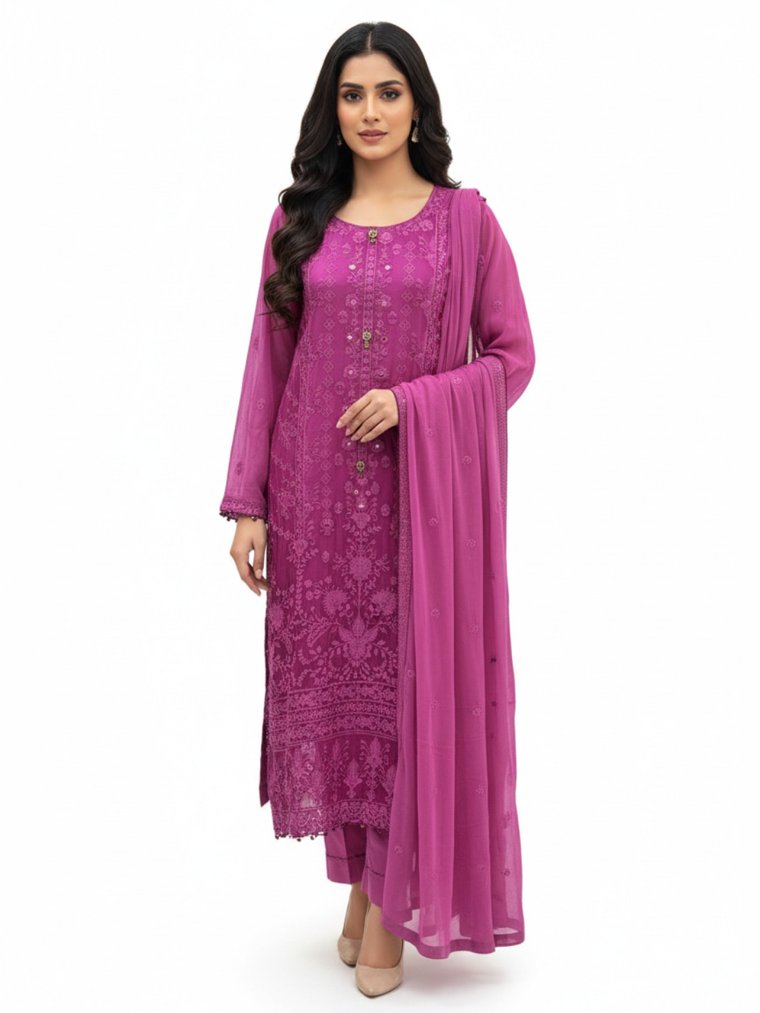 Magenta Sequinned Chiffon Ladies Shaded Silk Pret