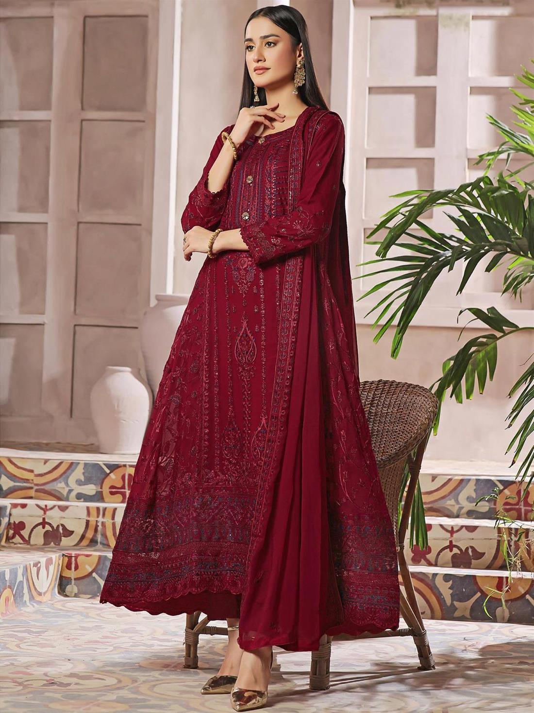 Maroon Embroidered Raw Silk Ladies Readymade