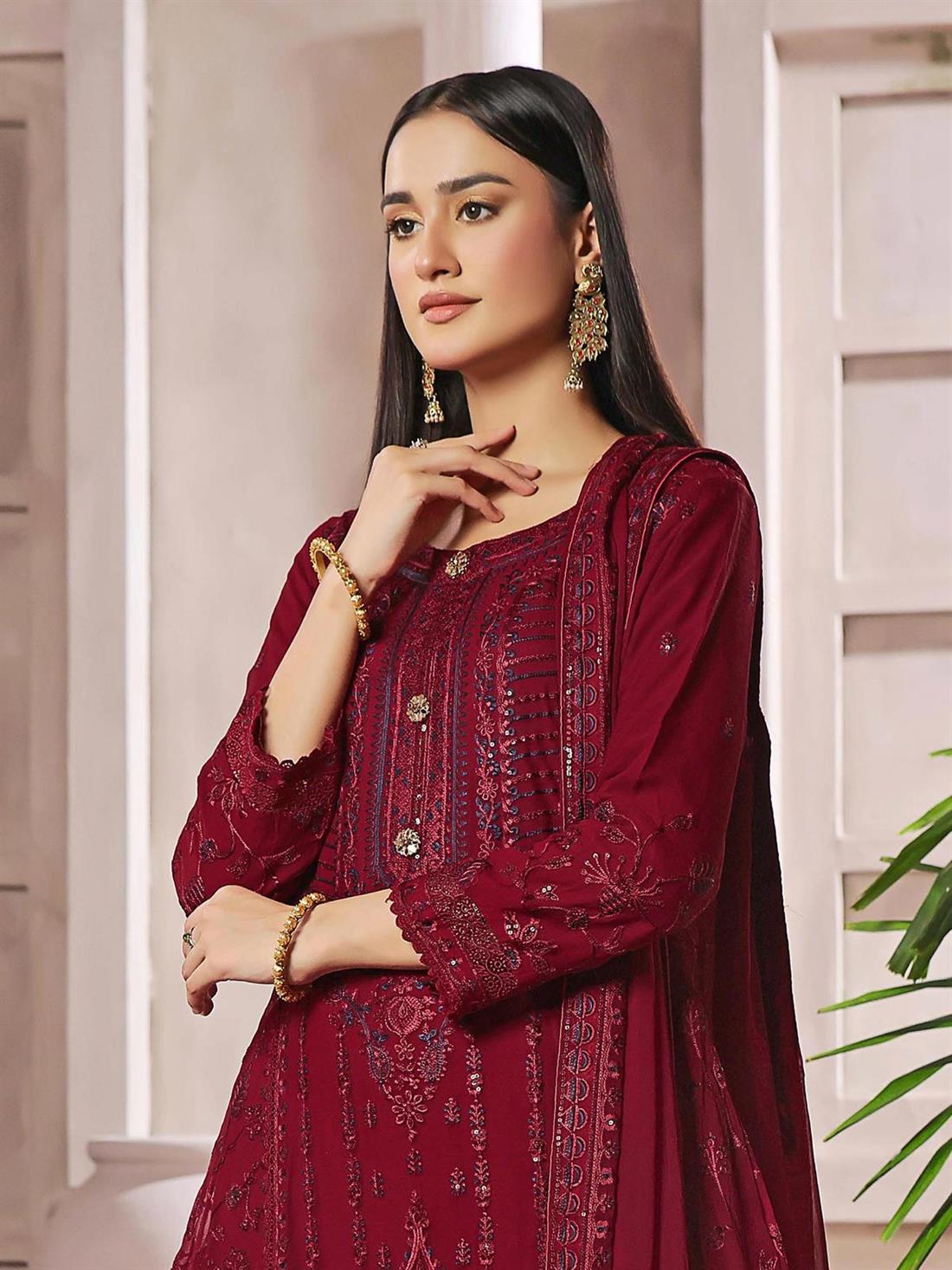 Maroon Embroidered Raw Silk Ladies Readymade