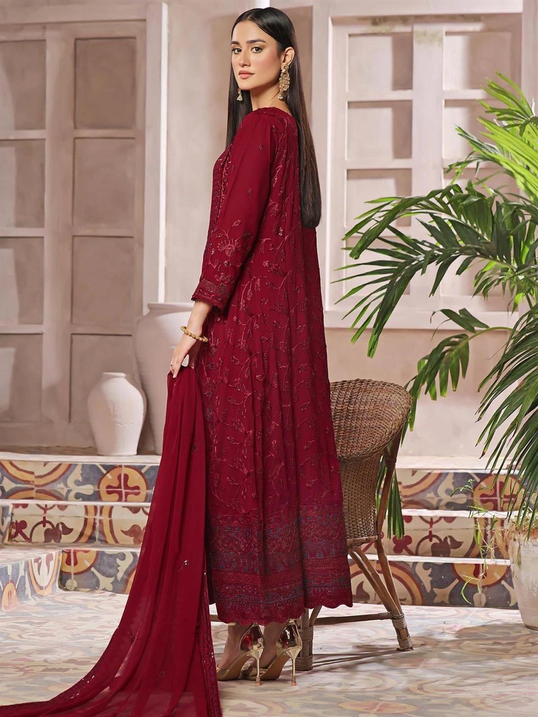 Maroon Embroidered Raw Silk Ladies Readymade