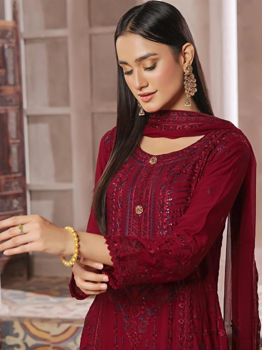 Maroon Embroidered Raw Silk Ladies Readymade