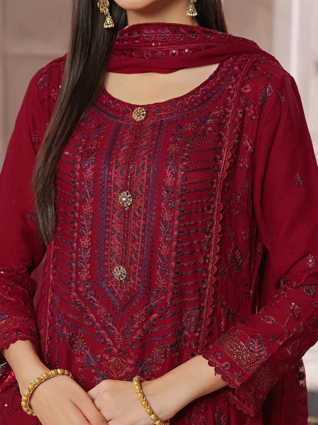 Maroon Embroidered Raw Silk Ladies Readymade