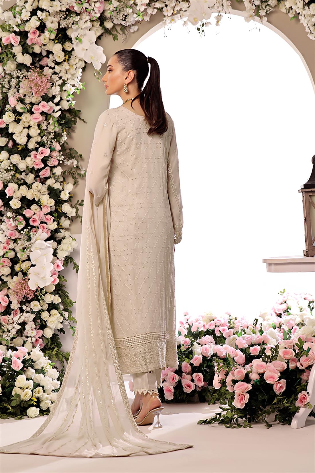 Beige Embroidered Raw Silk Ladies Readymade