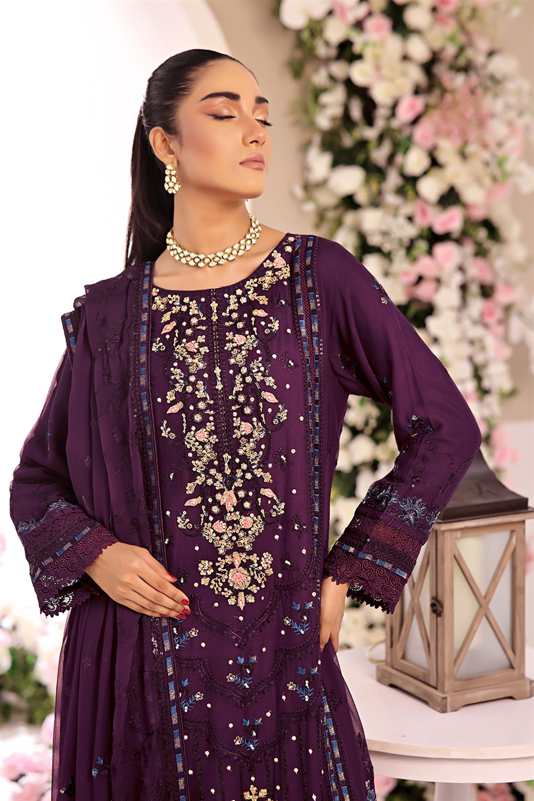 Purple Embroidered Raw Silk Ladies Chiffon Pret